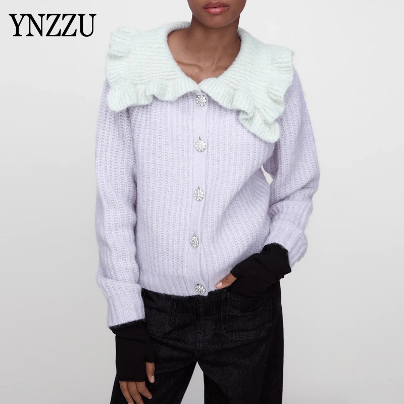 Fashion Women Peter pan collar Short Cardigan Spring Autumn Female Long sleeve Knitted sweater Patchwork Vintage Top YNZZU 1O006 |