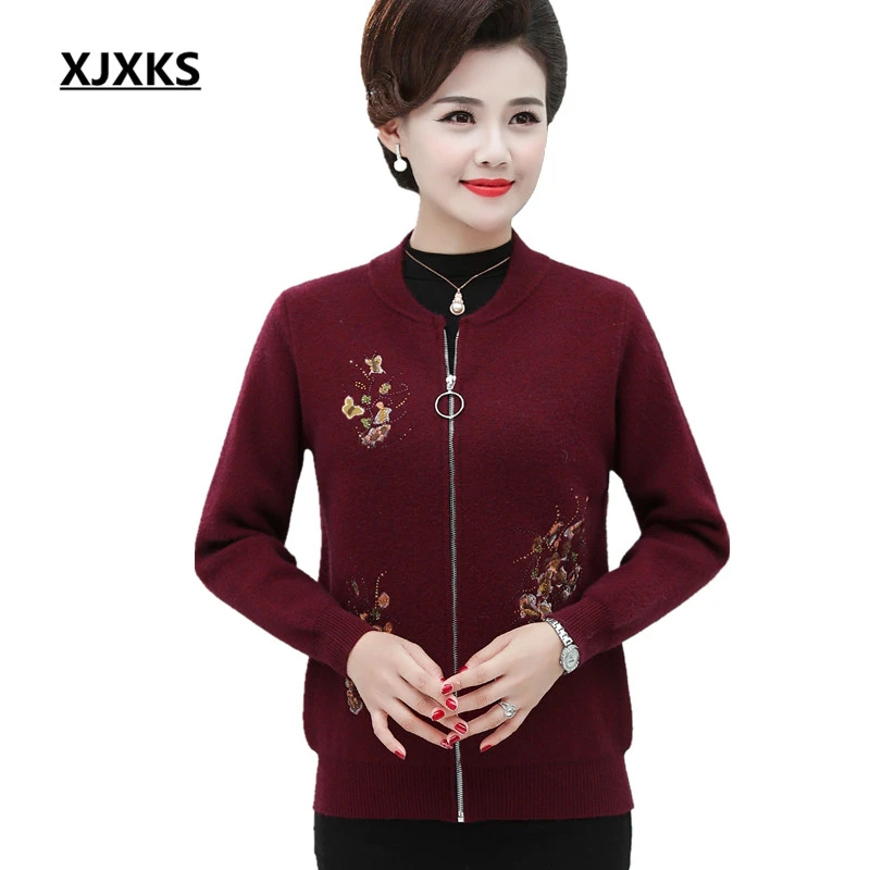 

XJXKS Exquisite embroidery women cardigan 2019 autumn winter new loose plus size cashmere knitted cardigan women zipper jacket