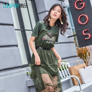 

SUPIN Summer Women Suit Two Pieces Set Pure Color Cotton Tshirt Print Vintage Mesh Dress Mid Long Style Skirt 519270006