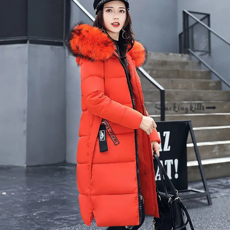 Goedkoop Fur Hooded Thicken Warm Slanke Lange Down Jas Vrouwen Solid Lange Mouwen Rits Outwears Dames Hardy Down Jassen Winter nieuwe