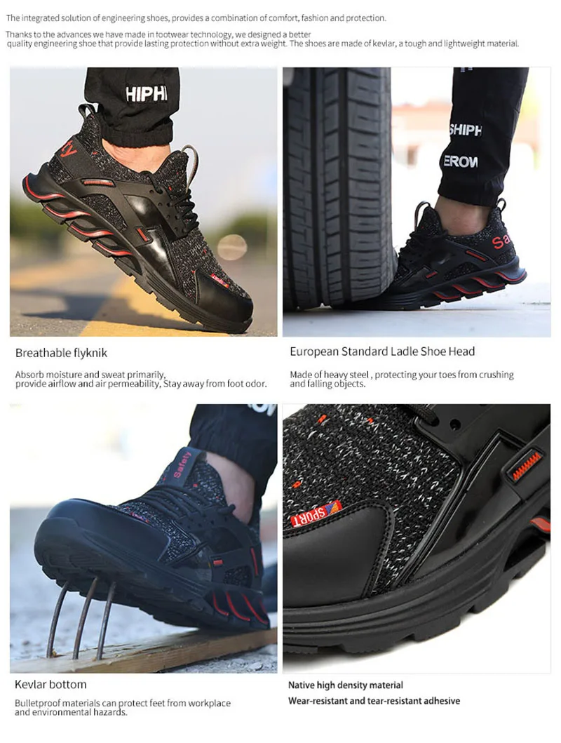 Брендовая Новая модная мужская защитная обувь со стальным носком, противоскользящие защитные легкие дышащие дезодорирующие рабочие туфли
