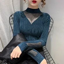 

Women Winter New High Neck Lace Sexy Knitting Bottoming Sweater Hollow Out Ladies Top Pullover Elegant Femme Clothing Streetwear