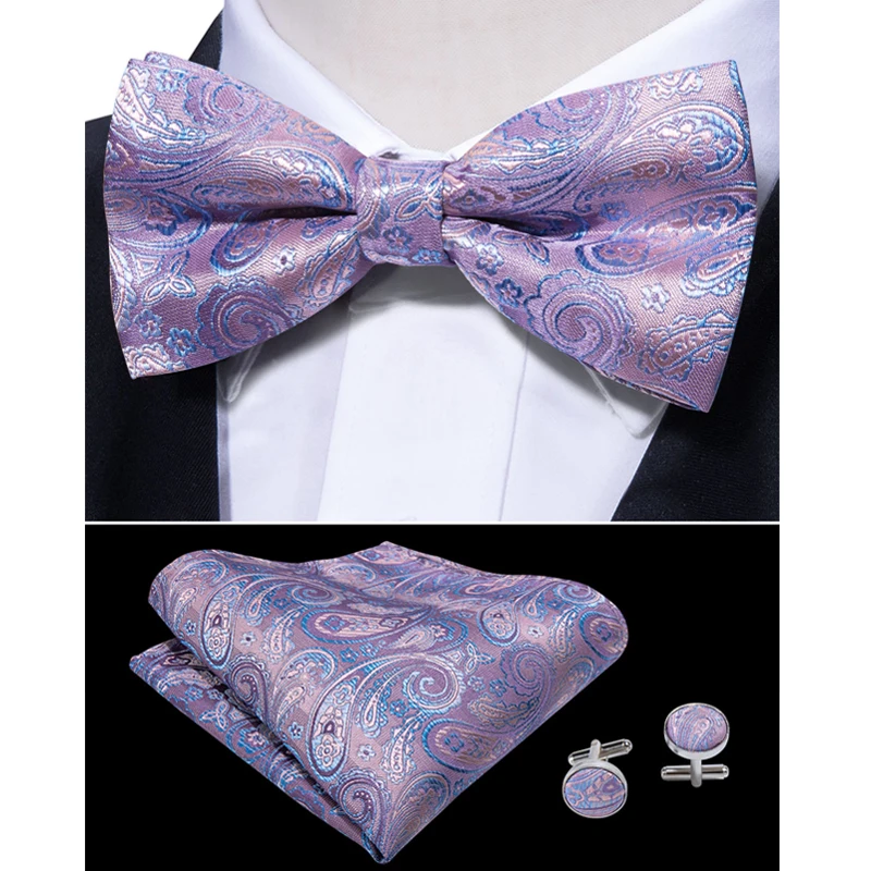 Мужской Розовый галстук-бабочка, шелковые банты с цветочным принтом, предварительно завязанные галстуки-бабочки, карманные Квадратные запонки, подарочный набор для мужчин, LH-847, Barry.Wang