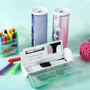 

4 Patterns Pencil Case Multifunction Cylindrical Pencil Box Case Stationery Pen Holder Translucent Pencil Case Calculator Mirror