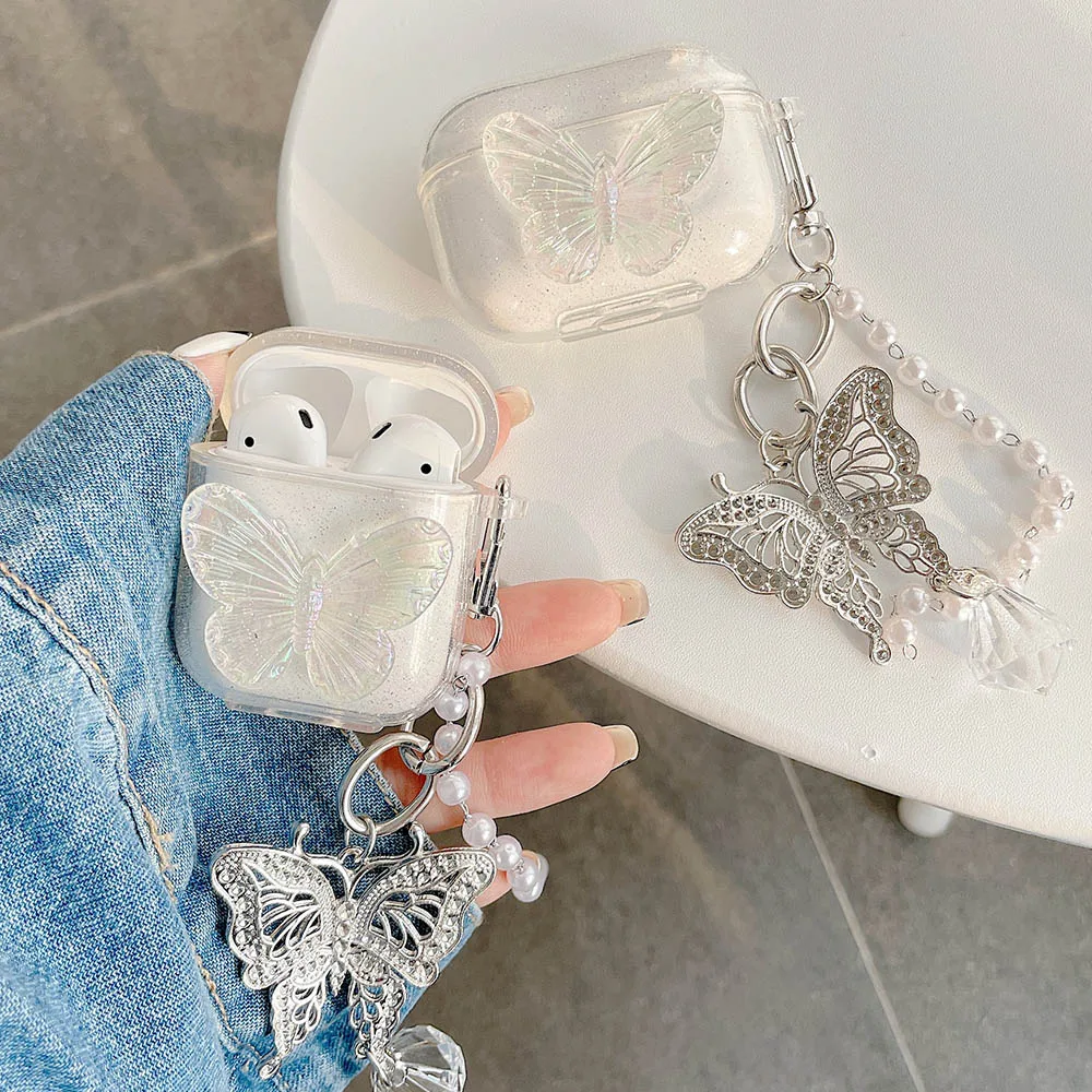 3D Cute Butterfly Funda for Airpods Pro Case Soft Clear Earphone Accessorie Cover Air Pods 1 2 with Pendant Pearl Chain | Электроника