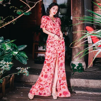 

Asymmetrical V Neck Bohemian Maxi Dresses for Women Cotton Short Sleeve Summer Beach Dresses Empire Ruffles Floral Vestidos