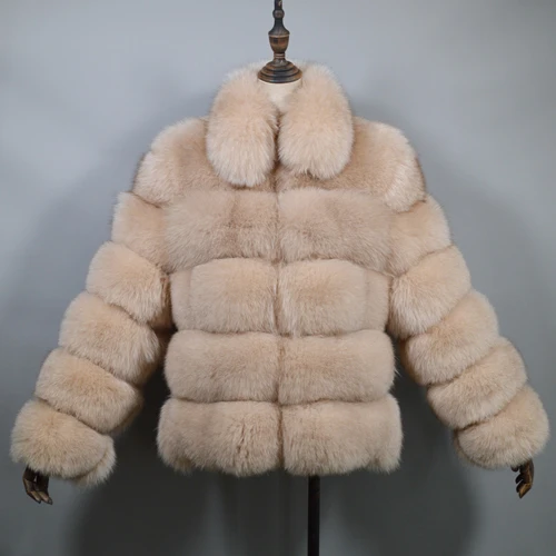 beige Новые женские зимние толстые теплые настоящие пальто из настоящего меха лисы куртка высокого качества с большим воротником-стойкой из натурального Лисьего меха - Цвет: beige