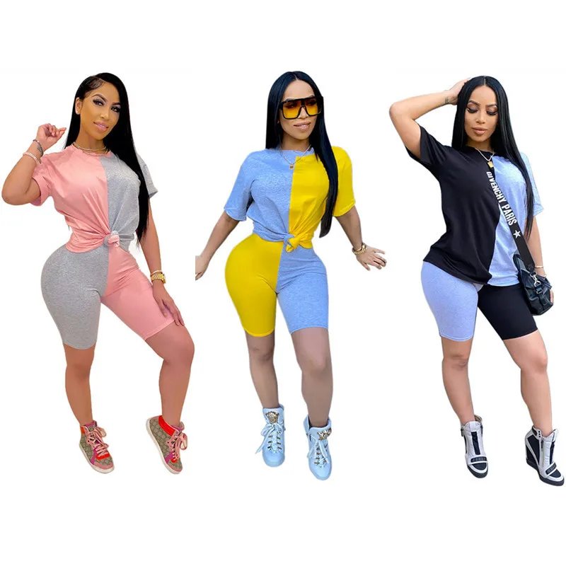

2020 Summer Women's Color-block Sports Shorts Fitness Shorts Casual Tight Two Piece Tracksuit Set Plus Up