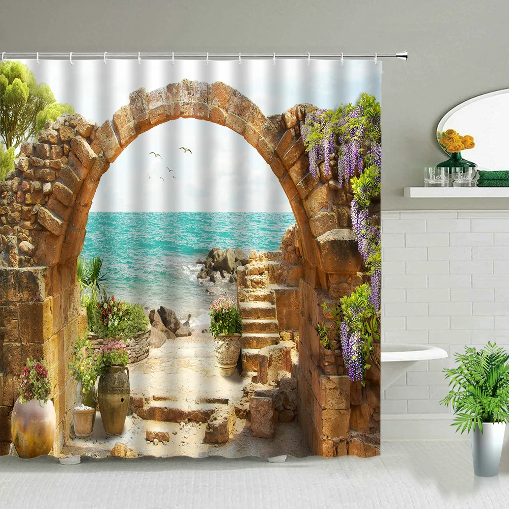 Shower Curtains Window Outside Forest Bridge Spring Landscape Creativity Zen Stone Tree Building Scenery Cloth With Hook