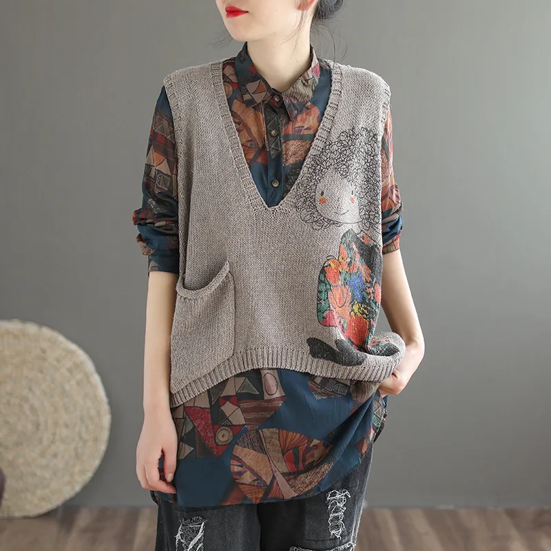 gray vest women Винтажный Хлопковый вязаный жилет с v-образным вырезом и винтажным принтом, женский короткий жилет с карманом, Женский Длинный жилет, весна - Цвет: gray vest women