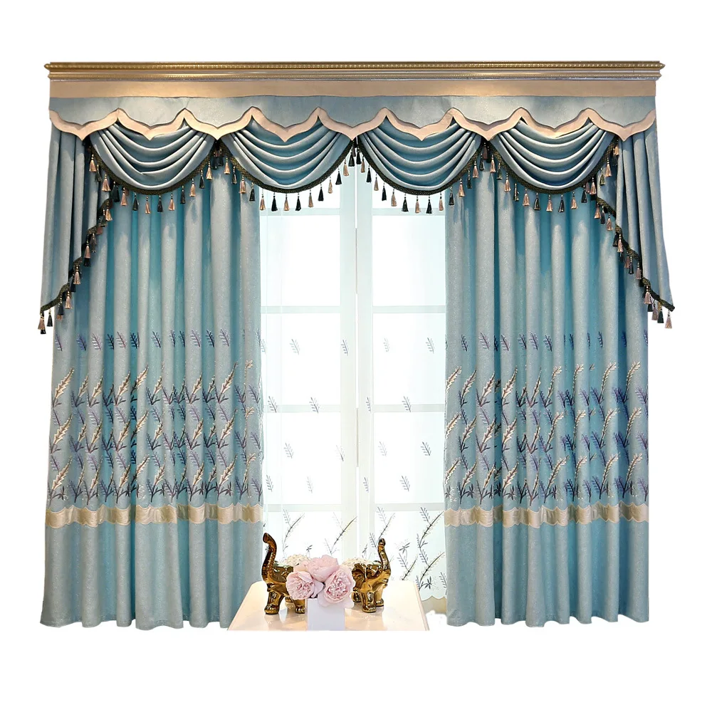 

Custom curtains Nordic embroidered Relief livingroom blue shading bedroom cotton cloth blackout curtain tulle valance drape M836