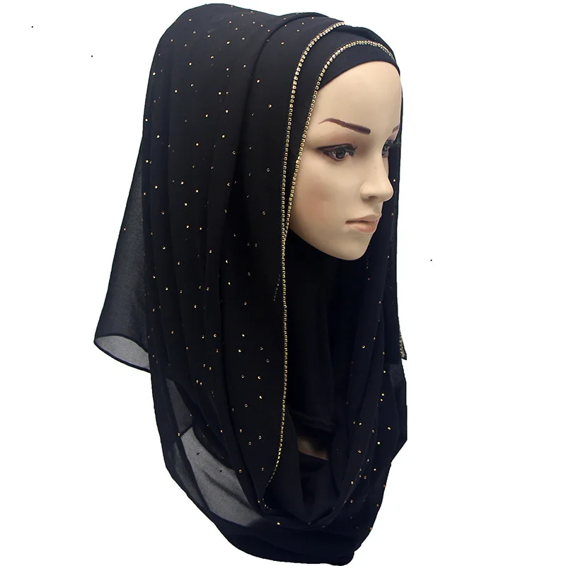 70*180 см роскошный шифоновый шарф с бриллиантами, платок для мусульманских женщин, шаль, тюрбан, исламский турецкий хиджаб, шарф для женщин, musulman, готов носить