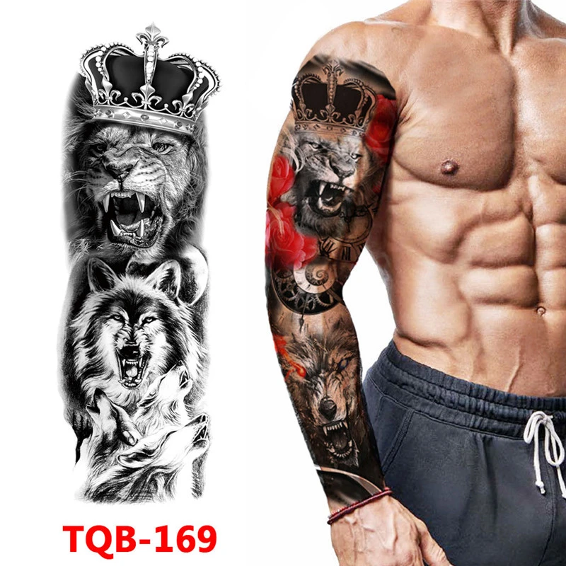 Large Arm Sleeve Tattoo Lion Crown King Rose Waterproof Temporary Tatoo  Sticker Wild Wolf Tiger Men Full Skull Totem Tatto - Temporary Tattoos -  AliExpress