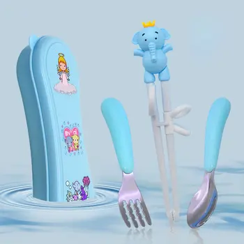 

4pcs/Set 304 Stainless Steel Learning Chopsticks Spoon Fork Combination Children'S Dinner Tableware Set