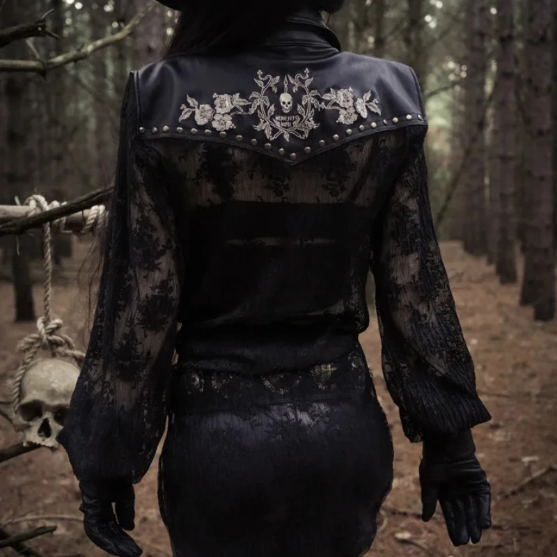 Greatest  InsGoth Women PU Leather Jacket Gothic SKull Embroidery Coat Leather Patchwork Hollow Out Lace Up G