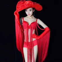 Красный набор бикини кисточки певица костюм женский сексуальный ночной клуб костюмы, сценическая одежда певцы праздничный наряд на день рождения DL4294