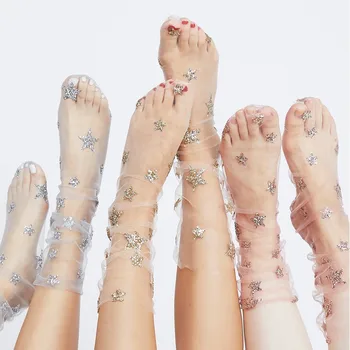 

Women Fashion Glitter Star Soft Mesh Sock Transparent Elastic Sheer Ankle Sock 1/2 Pairs Fashion Women Girls Summer Socks Style