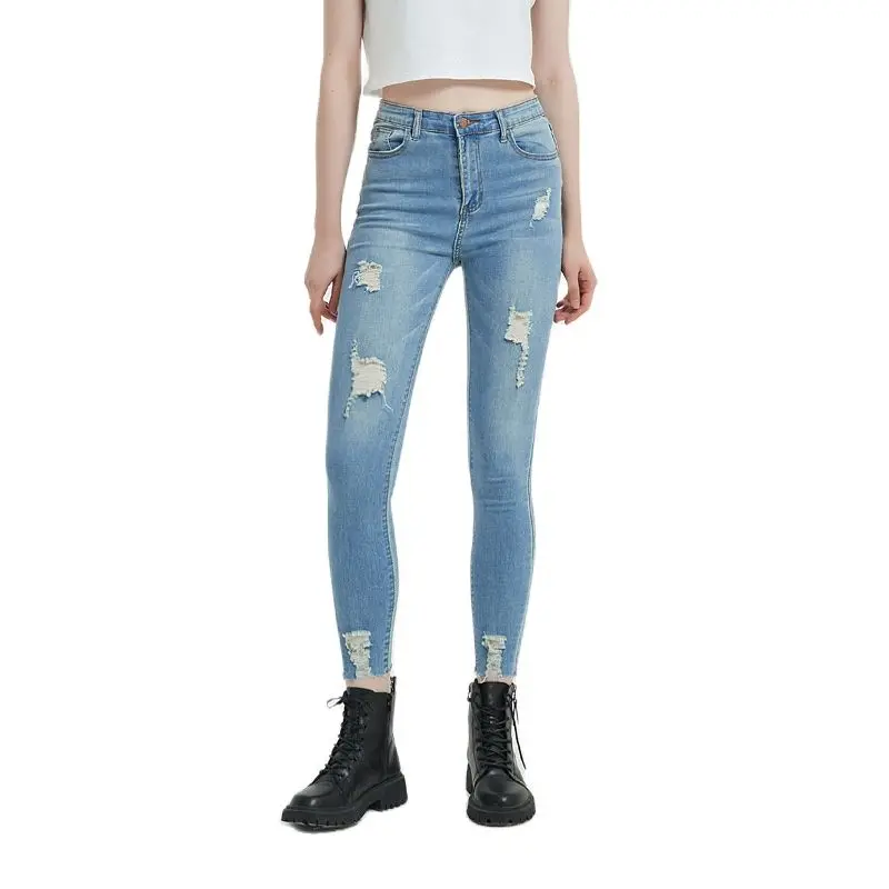 

Frayed Elastic Pencil Woman's Jeans Tight Holes Stretch Trousers for women Tight Jeans