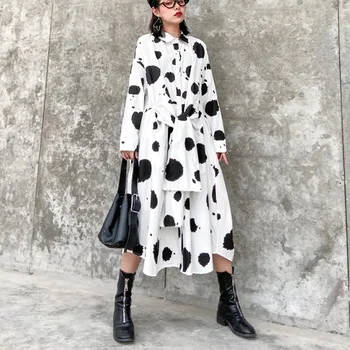 

Polka Dot Printed Dress 2020 Korean Womens Large Size Long Sleeved White Yellow Dresses Belt Bohemia Dress Plus Size 4XL 5XL 6XL