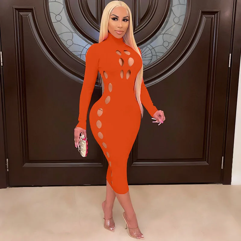 

Sexy Hollow Out Long Sleeve Bodycon Midi Dress Women Turtleneck Bandage Dress Elegant Club Wear Party Dresses Vestidos De Fiesta