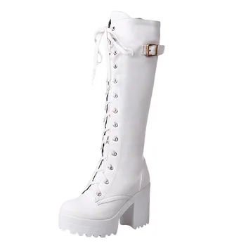 

Hot Sale Autumn Winter Zip Knee High Boots Women Fashion White Square Heel Woman Leather Shoes Winter Large Size 34-43 89