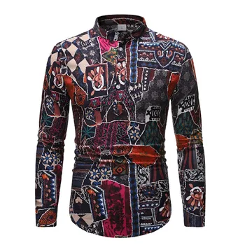 

Vintage Cotton Linen Floral Shirt Men 2019 Brand Slim Fit Mandarin Collar Dress Shirt Mens Casual Henley Shirts Camisas Hombre