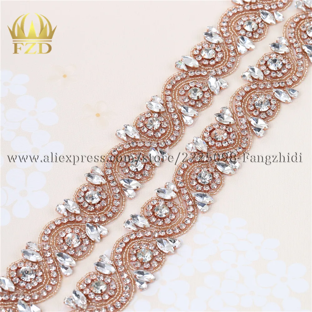 

(10yards) Wholesale Handmade Sew On Hot Fix Rose Gold Beaded Rhinestone Trim Applique for Bridal Wedding Dresses Sash Headbands