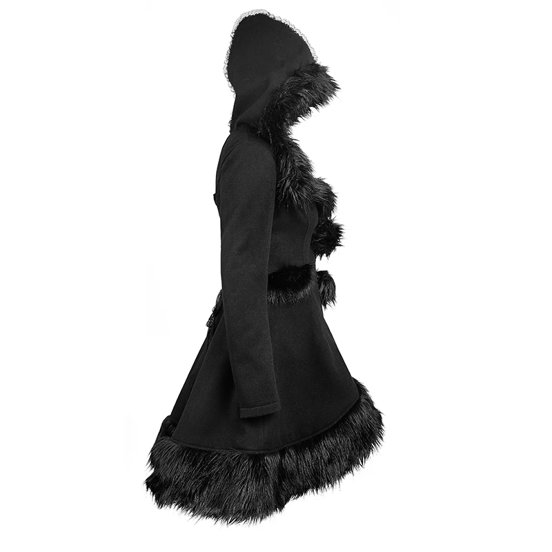 Панк рейв женские пальто стиль Лолита зимние меховые шубы с капюшоном модная черная теплая верхняя одежда с длинными рукавами куртки