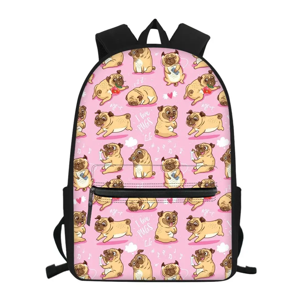 Pink Puppy Pug Dog Print Girls School Bags Cute Primary Elementary Children Bookbag Middle School Student Kids Bags