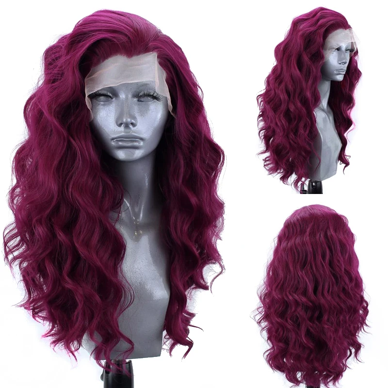 Resistente ao Calor do Cabelo Dianteira do Laço para as Mulheres Natural da Linha Carisma Parte Lateral Peruca Longo Ondulado Sintético Negras Vermelho Perucas Fina 13×3