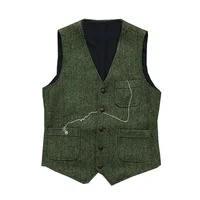 Men's Suit Formal V Neck Wool Green Herringbone Tweed Casual Waistcoat Formal Business Vest Groomman For Wedding 1
