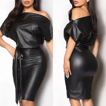 

Women Loose Belt PU Leather Dress Off Shoulder Short Sleeve Bodycon Bandage Mini Clubwear Dress