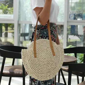 

Bohemian Style Women's Fashion Woven Handbag Summer Beach Tote Straw Bag Round Rattan Shoulder Bags 2020