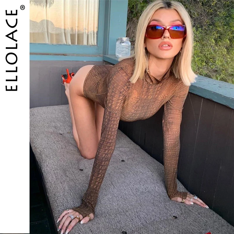 

Ellolace Sexy Crocodile Animal Bodysuit Women Long Sleeve Turtleneck Fashion Streetwear Bodys Romper Bodycon 2019 New Overalls
