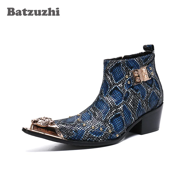 

Batzuzhi 6.5CM Heels High Boots Men Iron Toe Leather Dress Men Boots Blue for Man Party Runway Bota Masculina! Big Size US6-12