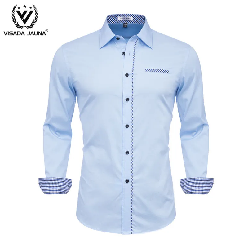 LightBlue11 VISADA JUANA Fashion Print Casual Men Long Sleeve Shirt Stitching Fashion Pocket Design Fabric Soft Comfortable Male Dress Slim - Цвет: LightBlue11