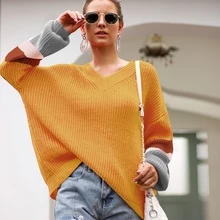 New Autumn Women V Neck Baggy Pullover Korean Style Lantern Sleeve Tops Ladies Stripes Fashion Knitted Sweater 2020 Ropa Mujer New Autumn Women V Neck Baggy Pullover Korean Style Lantern Sleeve Tops Ladies Stripes Fashion Knitted Sweater 2020 Ropa Mujer