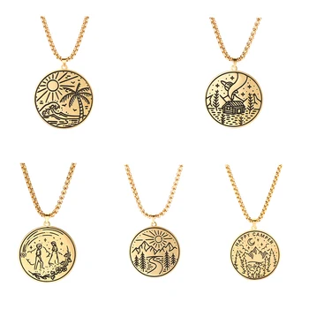 

Eueavan 5pcs/lot Camper Travel Tropical Scenery Stainless Steel Gold Color Round Box Chain Necklace Women Men Gift for Lover