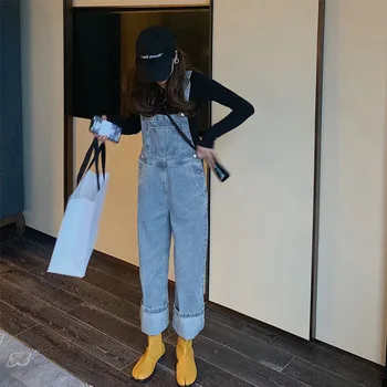 

Bib Female Loose Pack 2020 Ling Yafeng Light Color Mopping The Floor Cowboy Wide Leg Pants One Key Distribution