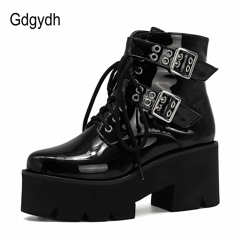 Gdgydh Sexy Buckle Punk Style Platform Women Ankle Boots High Heel Patent Leather Autumn Winter Shoes For Party Comfortable Shoe | Обувь