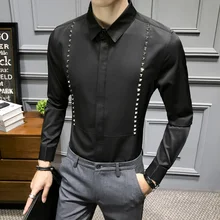 Осенняя рубашка с длинными рукавами, украшенная заклепками, однотонная трендовая Мужская одежда для ночного клуба, повседневная одежда черного и белого цвета