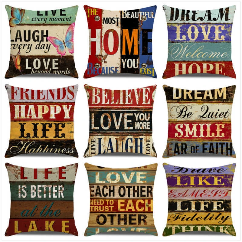 het winkelcentrum ga werken Doe herleven Retro Industriële Stijl Kussenhoes Houtnerf Letters Decor Kussensloop Thuis  Stoel Seat Meubels Linnen Kussensloop 45x45cm|Kussensloop| - AliExpress