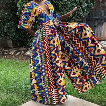 

Summer Half Sleeve Jumpsuit Women African Fashion Ethnic Style Printed Flared Overalls Office Ladies Causal Party Romper Red