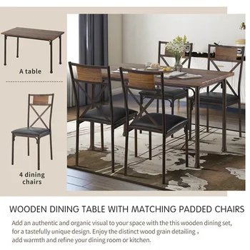 شراء5 قطعة طاولة طعام خشبية مع مطابقة الكراسي مبطن ، مجموعة الطعام من 5 قطع للأسرة ، مجموعة أثاث غرفة الطعام والمطبخ البني