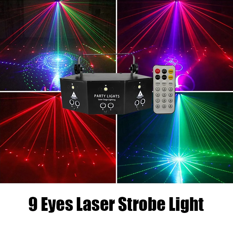 9 Eyes RGB Dj Led Disco Laser Strobe Light DMX512 Remote Control R/G Lazer Fog Machine Stage Lighting Wedding Night KTV Club
