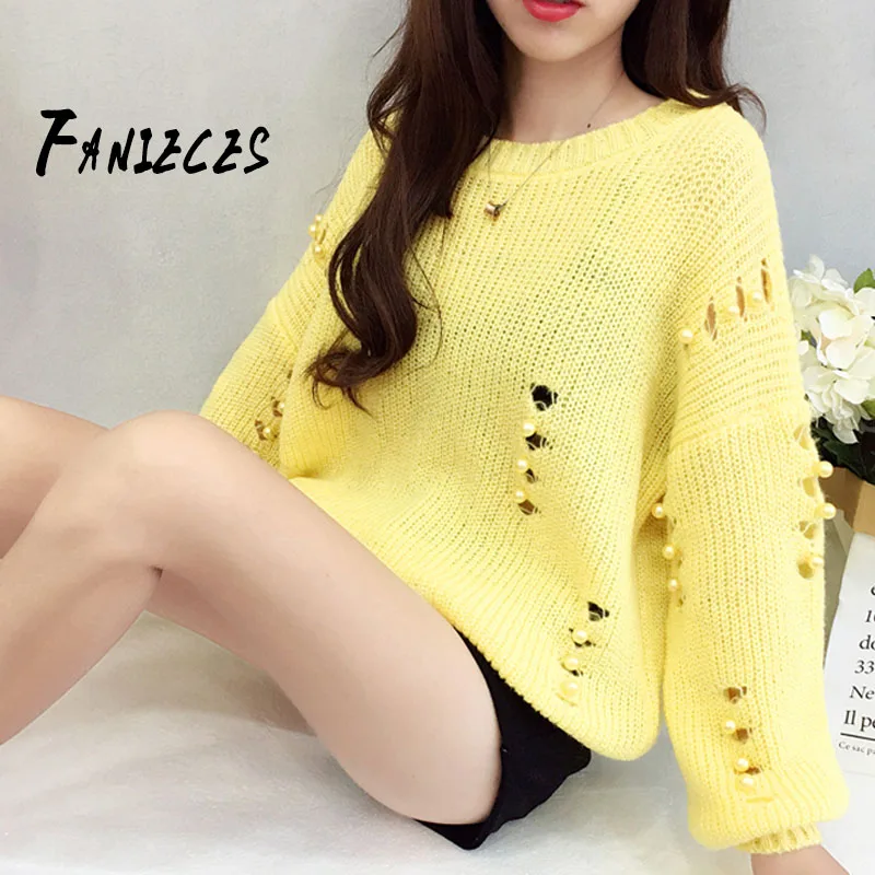 

Autumn women Loose thin knitting sweater comfortable beaded hollow hole perspective sweater pullover fashion top dropshipping