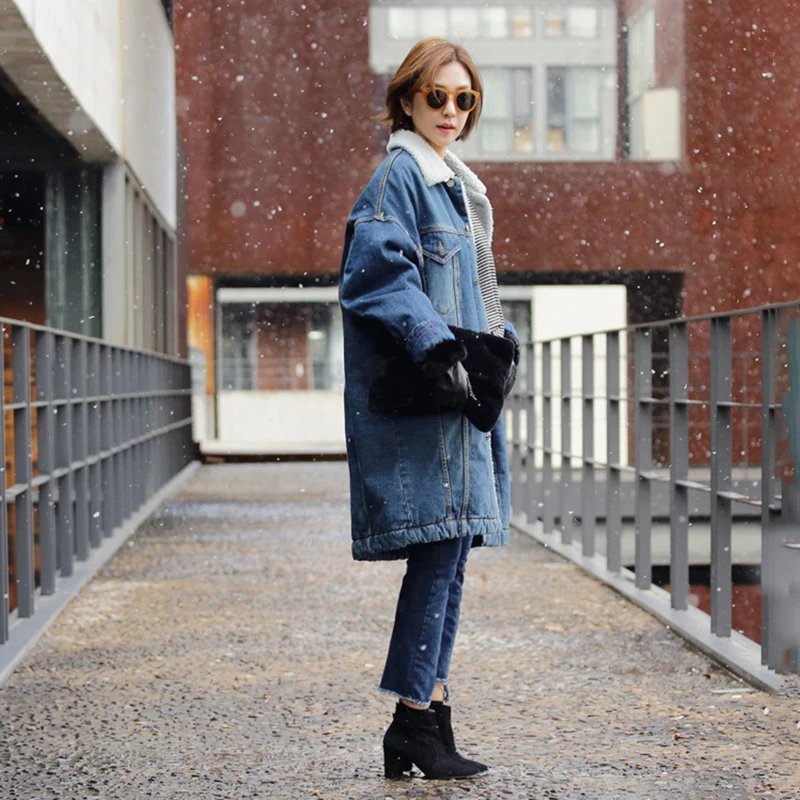 SISPELL Patchwork Lambswool Denim Coats For Women Lapel Collar Long Sleeve Warm Thick Jackets Female Clothing Fashion Tide