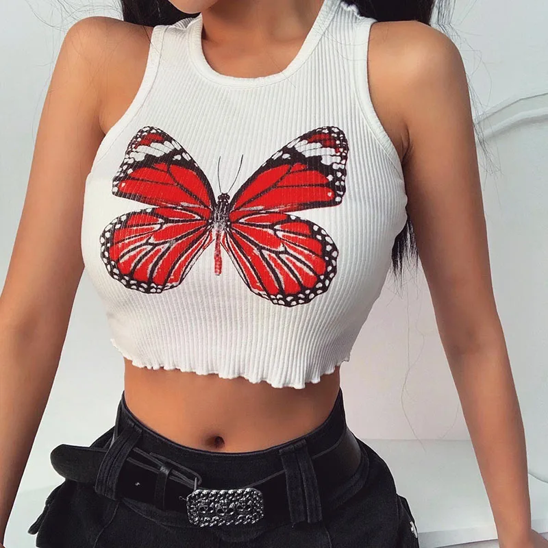 

Summer Vest Tank Pure Color Halter Crop Tops Casual Sexy Butterfly Print Short Slim Sleeveless White Tops