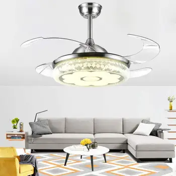 

42 Inch Invisible Modern Ceiling Fan with LED Light and Remote, 4 Retractable ABS Blades Fan Chandelier for Bedroom Diningroom