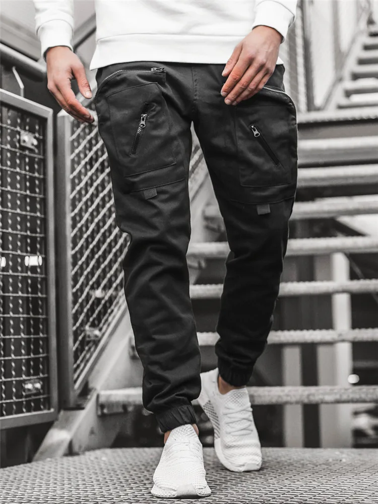 Men's Big Pocket Cargo Pants Trousers Casual Men Jogger Pants Fashion Stitching zipper Sportswear Cotton Fitness Sweatpants